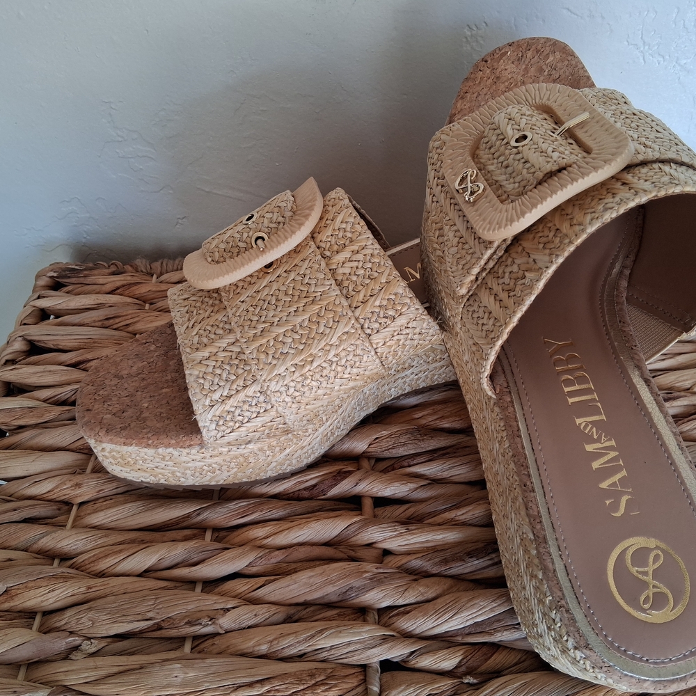 SAM AND LIBBY  Sz 9 Wedge Natural Raffia Slide Sandals - Beige - Picture 7 of 7